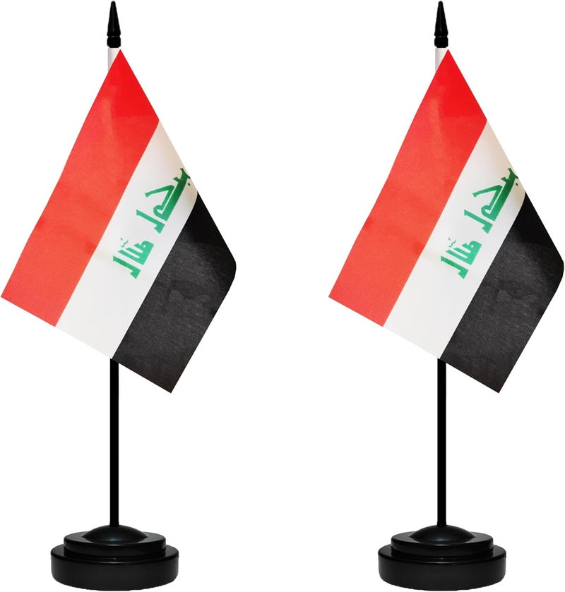 tibijoy Iraq Iraqi Small Mini Desk Flag Set Miniature Iraq Iraqi Table Office Flag with 13" Black Pole, Black Base, Miniature Iraq Deluxe Desktop Flag(2 Pack) - Image 1